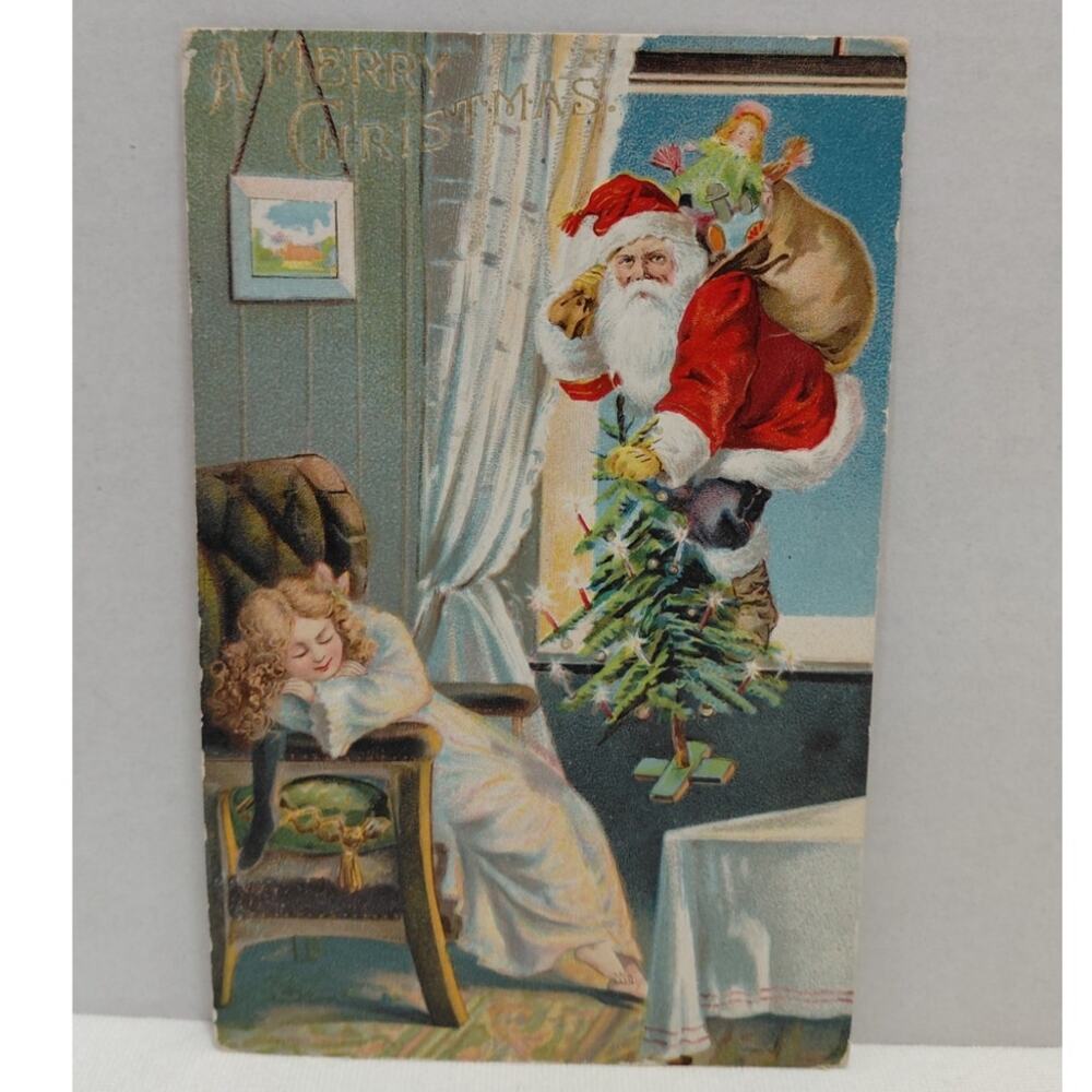 Antique Christmas Postcard Santa Claus Climbing Through Window Divided Posted